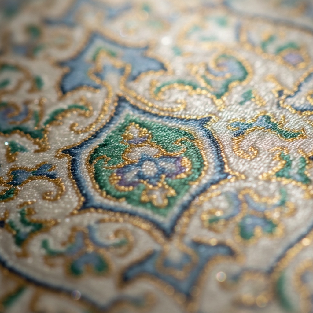 Macro view of woven textile featuring intricate patterns in blue, green, and gold metallic threads on a light background – by rugs on net