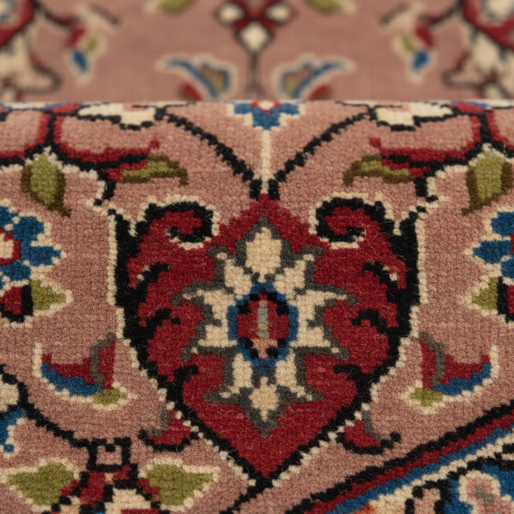 Close-up view of a tightly woven rug featuring a central medallion design in red, black, and muted pink tones – by rugs on net