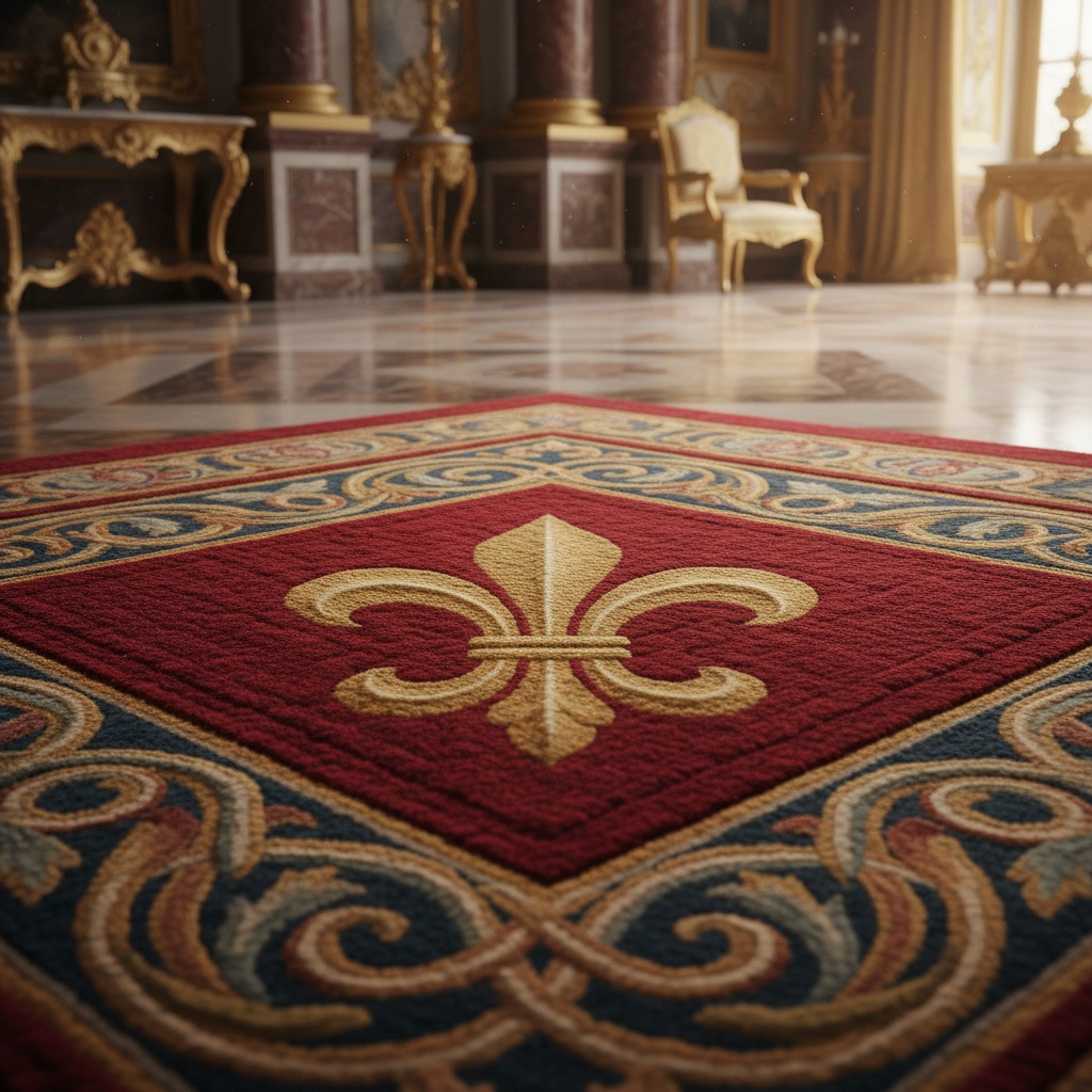 A close-up view of a richly textured red rug featuring a large gold fleur-de-lis motif and ornate border – by rugs on net