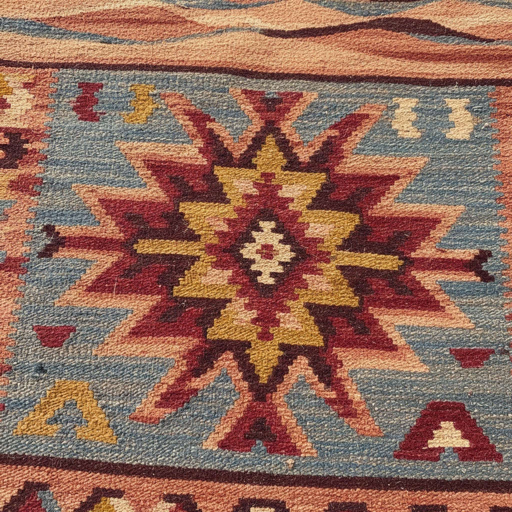 Close up of a geometric, multi-pointed star motif woven in red, yellow, and pink tones against a light blue field – by rugs on net