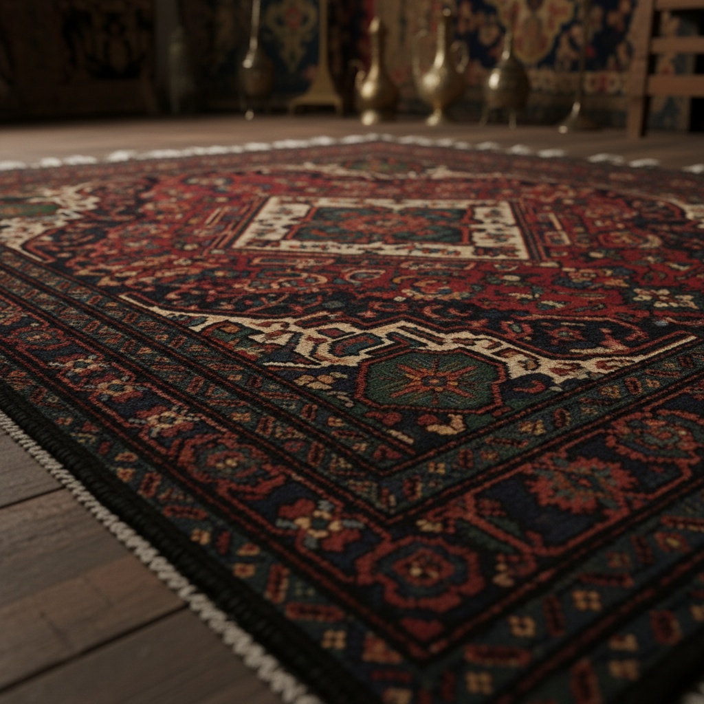 Close-up, low-angle view of a richly patterned area rug featuring deep reds, blues, and cream/beige accents – by rugs on net