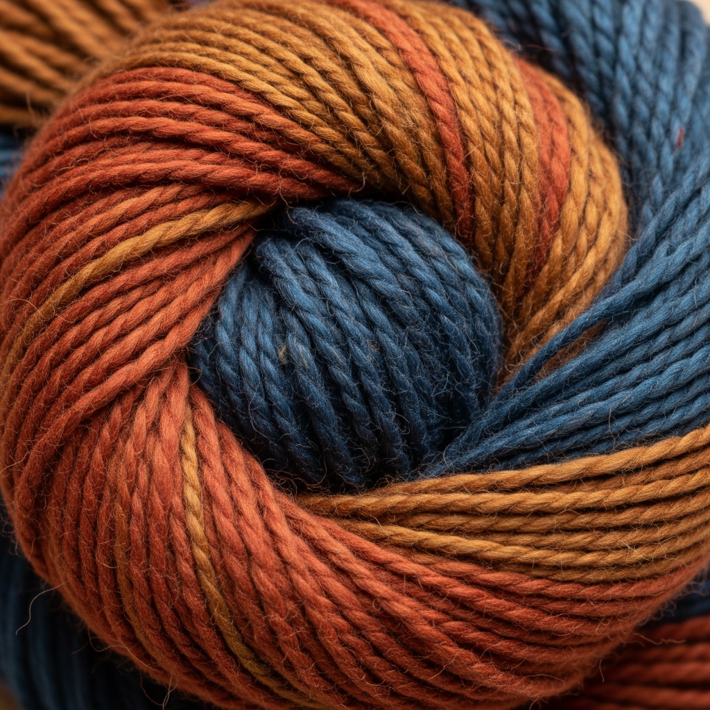 Close-up view of a thick yarn skein featuring bands of deep blue, burnt orange, and golden brown fibers – tiger design by rugs on net