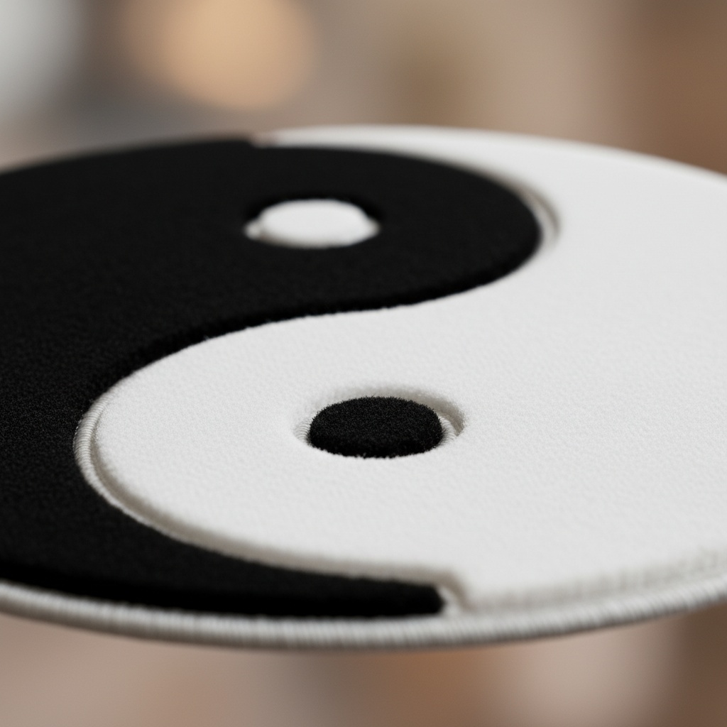 Close-up of a black and white textile yin-yang motif symbol showing texture and raised edges – by rugs on net