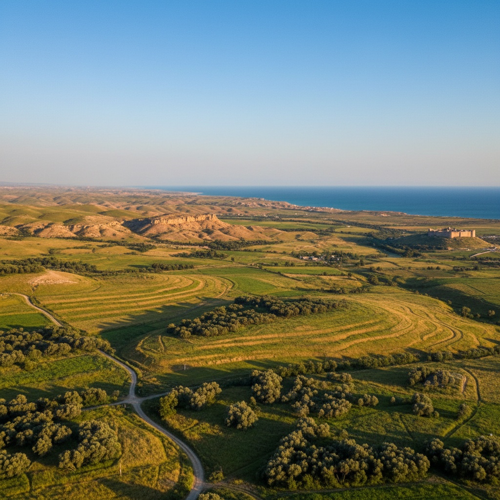 Aerial view of green rolling hills, agricultural terraces, olive groves, and a distant coastline under a clear blue sky – by rugs on net