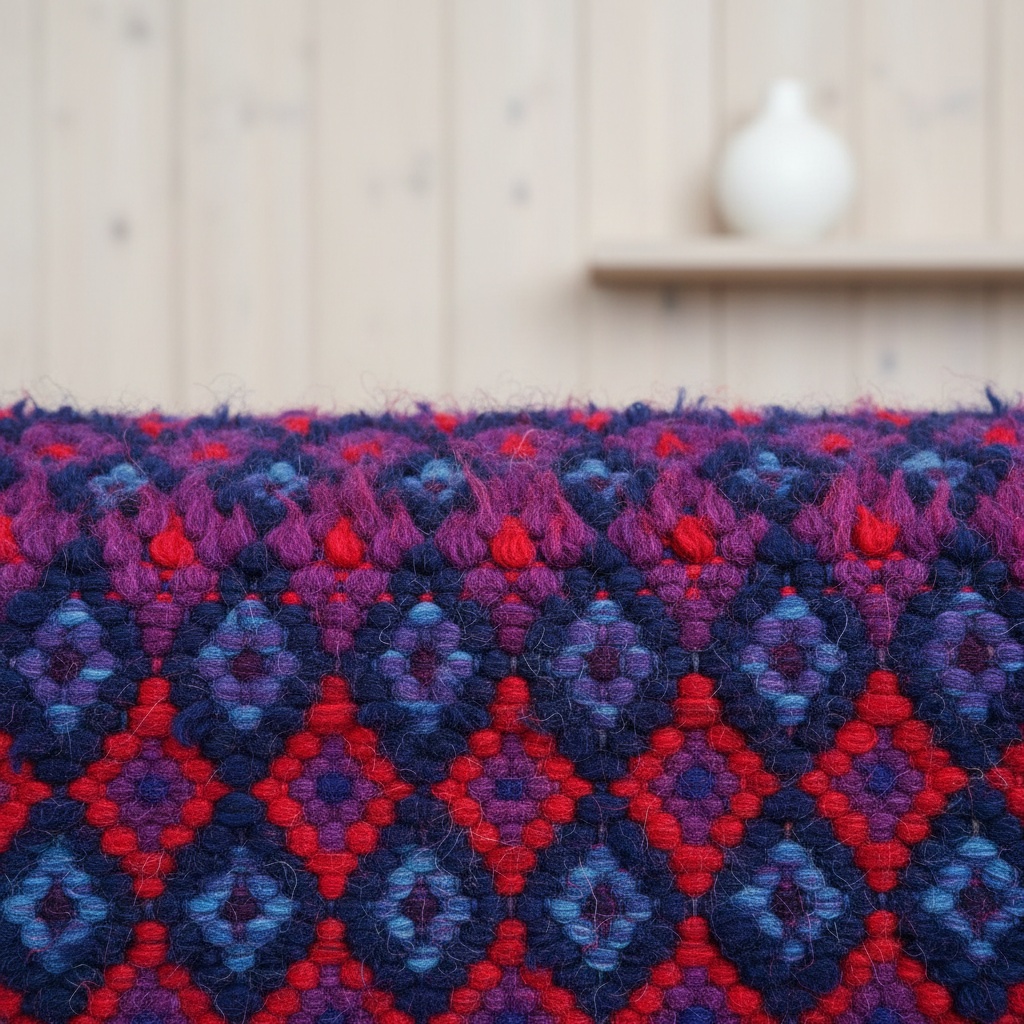 Close-up of a thick, textured textile featuring repeating geometric diamond motifs in deep blue, purple, and red – by rugs on net