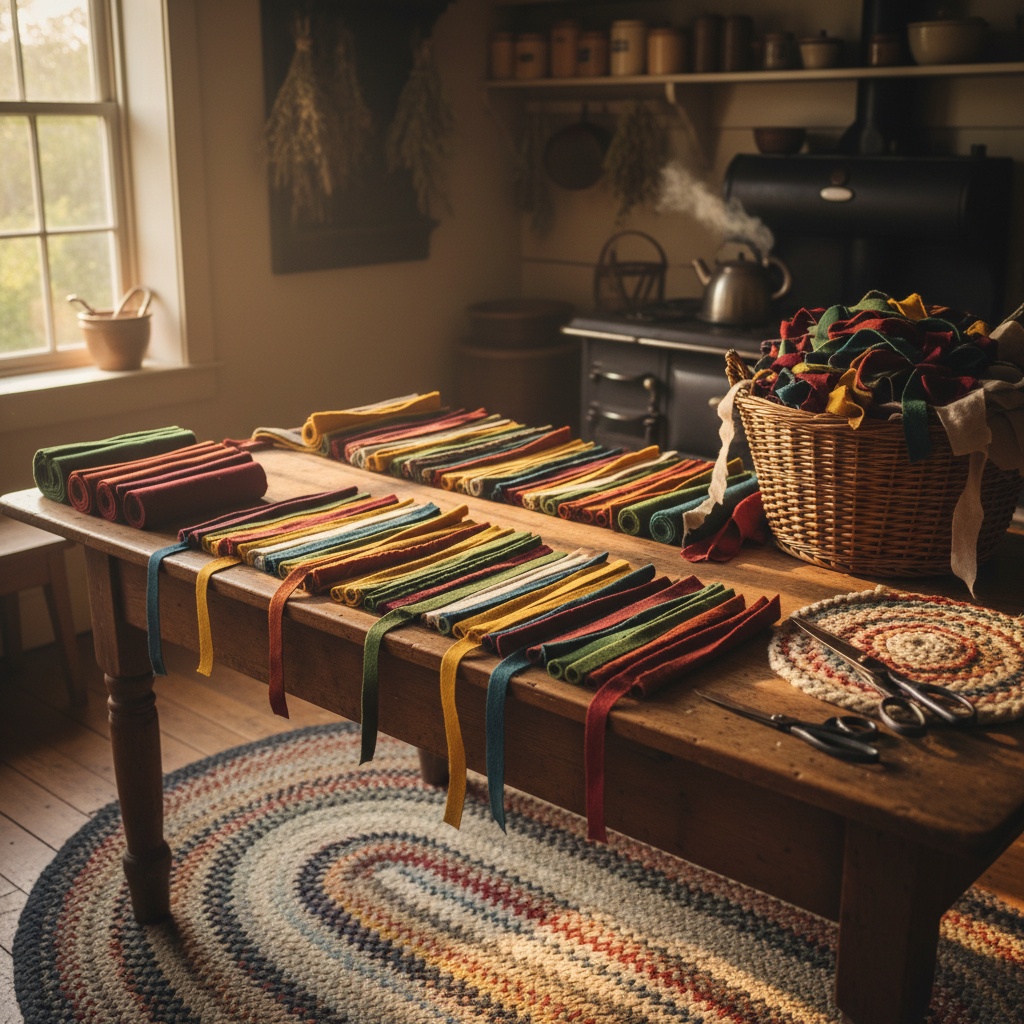 Colorful felt strips with ties laid out on a wooden table next to a basket of fabric scraps and scissors – rugs of america by rugs on net