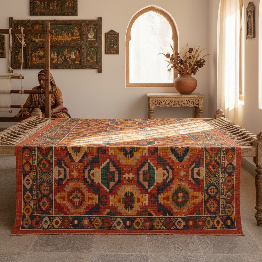 Vibrantly colored geometric rug draped over a wooden charpoy or loom structure indoors – by rugs on net