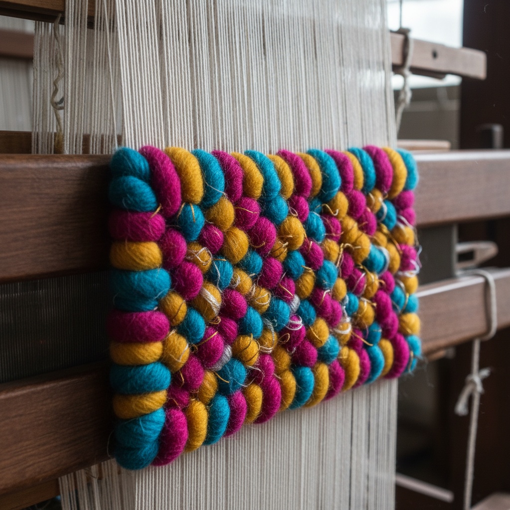 Close-up of a colorful, textured textile sample featuring magenta, yellow, and teal yarn knots on a wooden loom – by rugs on net