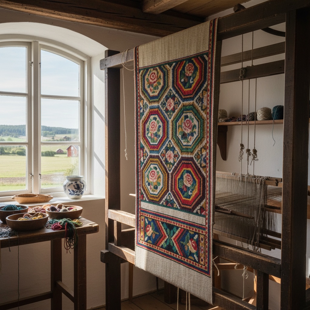 Woven tapestry with geometric and floral motifs hanging on a wooden loom next to a bright window – by rugs on net