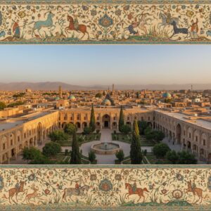 Architectural courtyard with fountain, cypress trees, and city view with domes and mountains – by rugs on net
