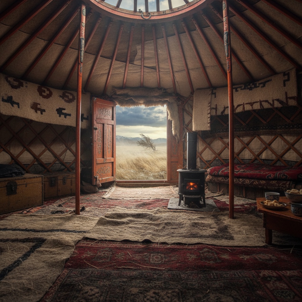 Interior view of a traditional dwelling showing wooden lattice walls, furs, rugs, and a central wood stove – by rugs on net