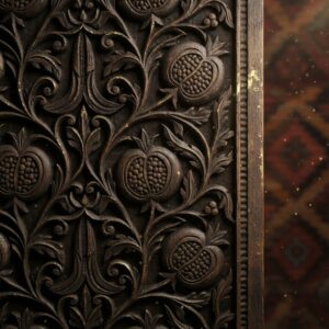 Close-up of dark, deeply carved wood panel featuring repeating pomegranate and vine motifs – by rugs on net