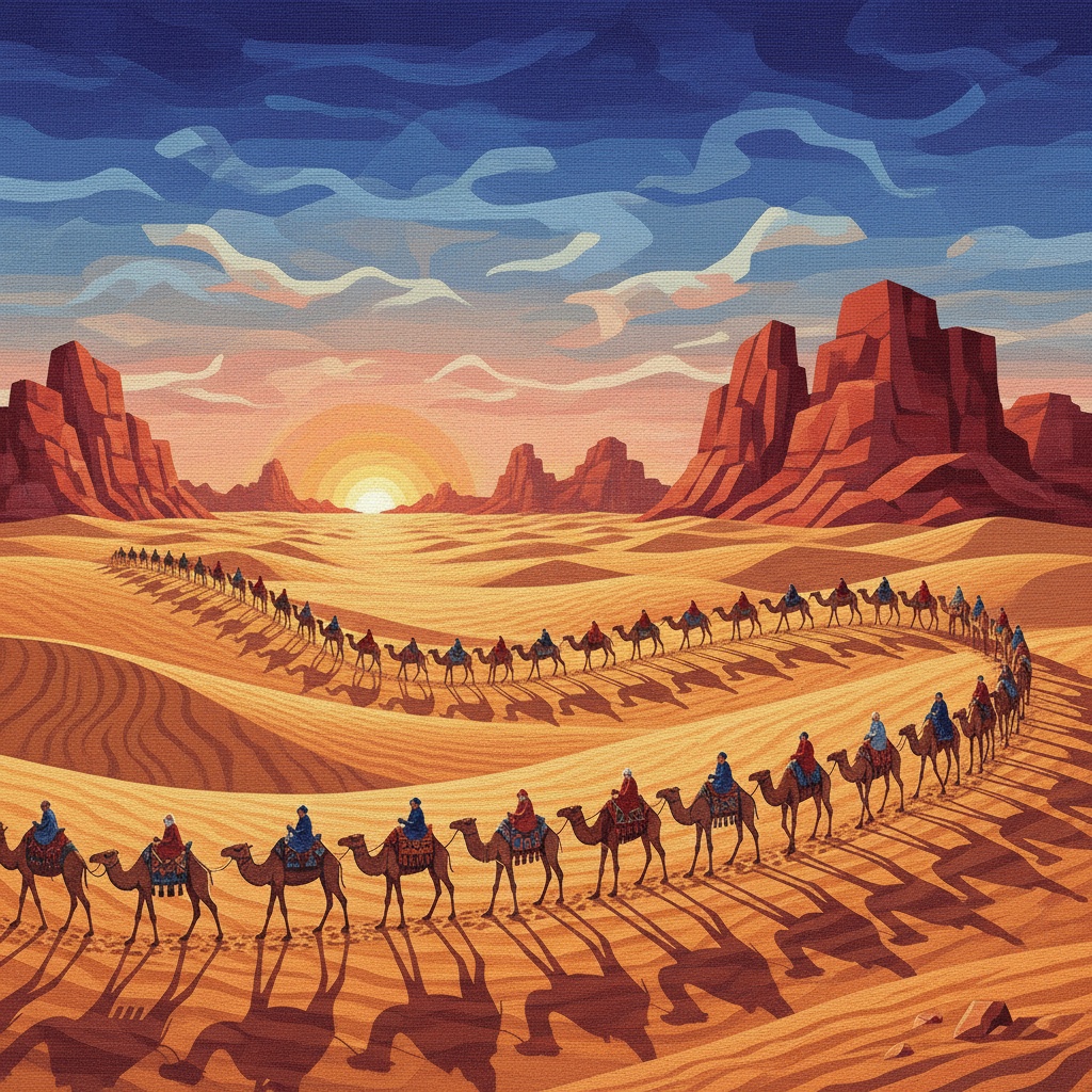 A long caravan of people riding camels winds through a vast desert landscape at sunset – by rugs on net