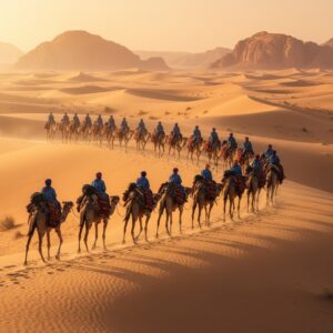 A long line of people riding camels across vast, rolling sand dunes in a desert landscape – by rugs on net