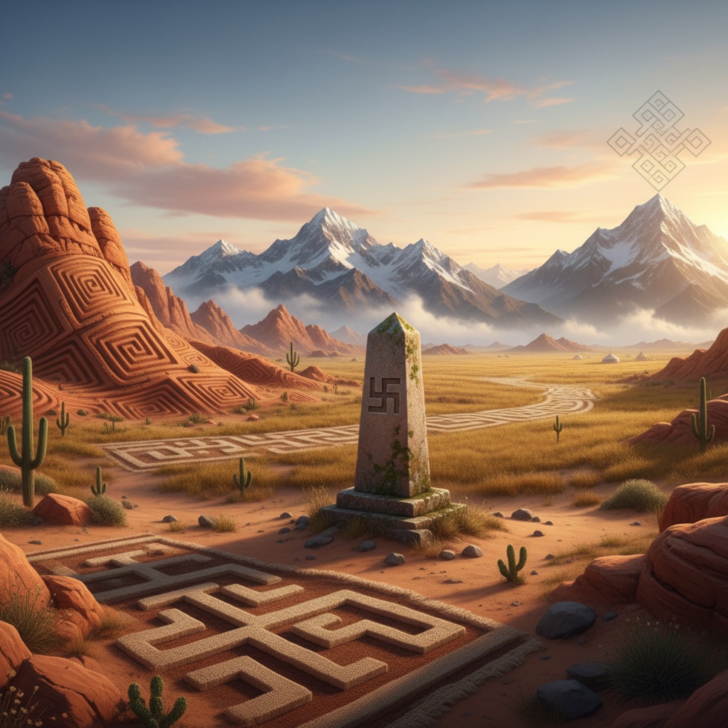 Stone monument with a swastika design symbol in a desert landscape with mountains and cacti – by rugs on net