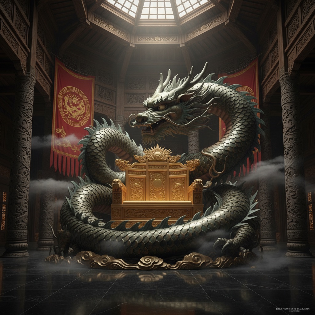 A massive, scaly dragon coils around an ornate golden throne inside a grand hall – by rugs on net