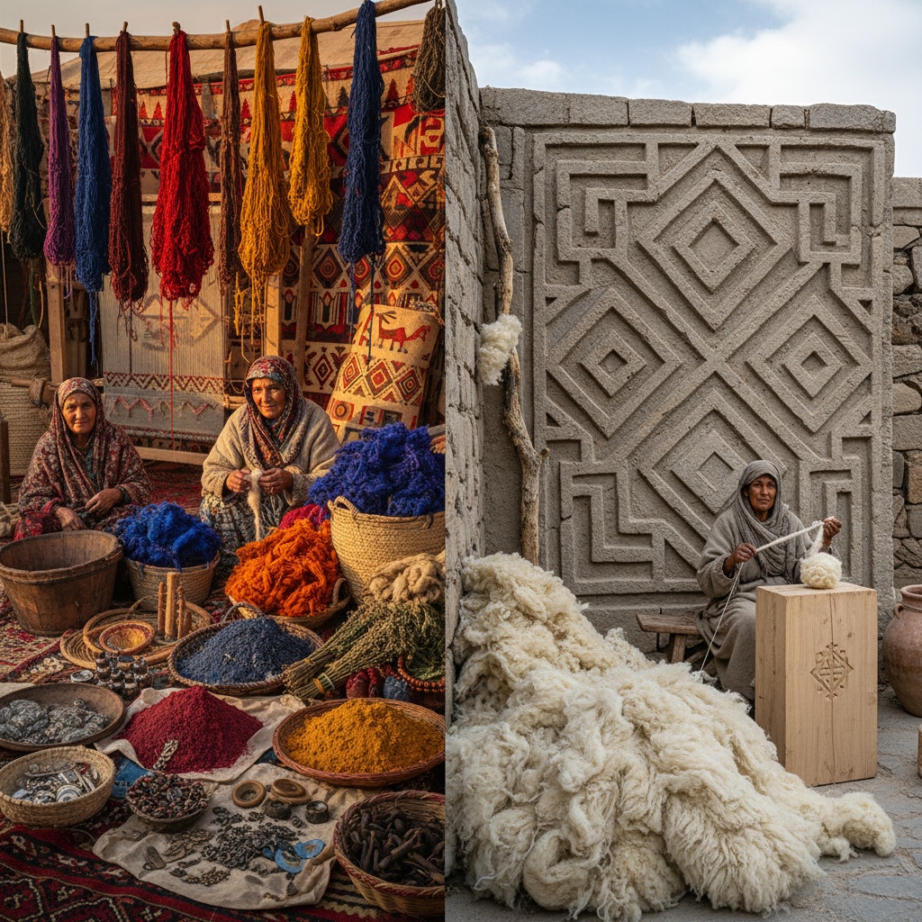 Vibrant piles of colored fiber and raw wool next to women working with fibers – by rugs on net