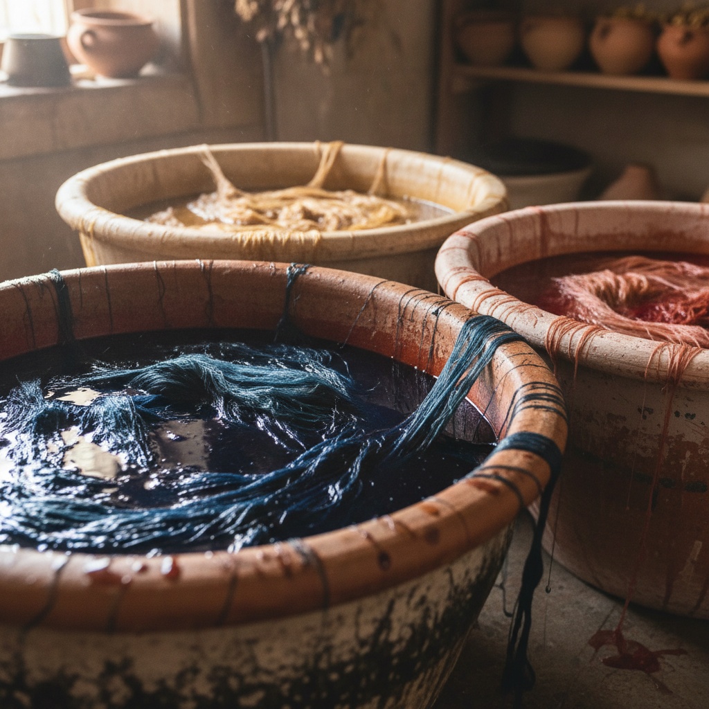 Close-up of three large tubs containing liquid dye baths with yarn soaking in blue, tan, and reddish-orange colors – by rugs on net