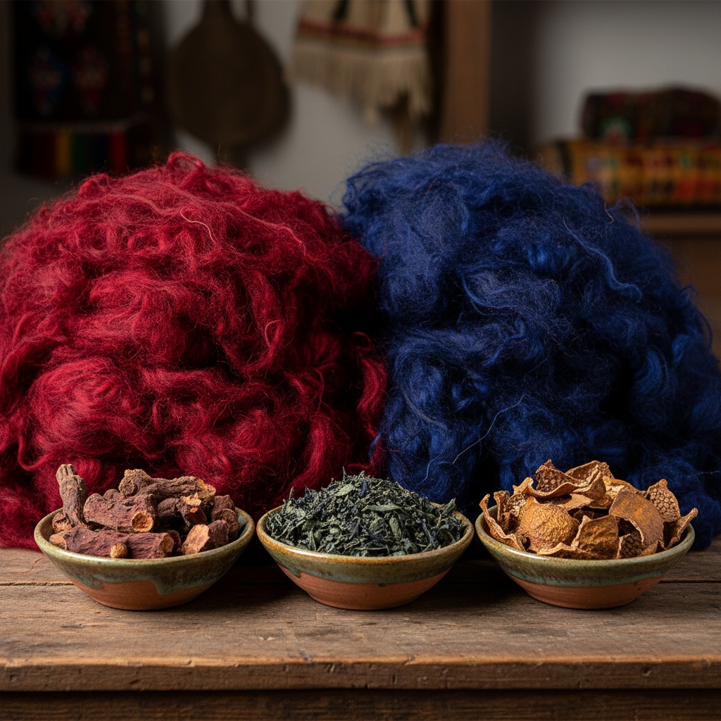 Piles of red and blue dyed wool next to bowls of dried roots, leaves, and peels – by rugs on net