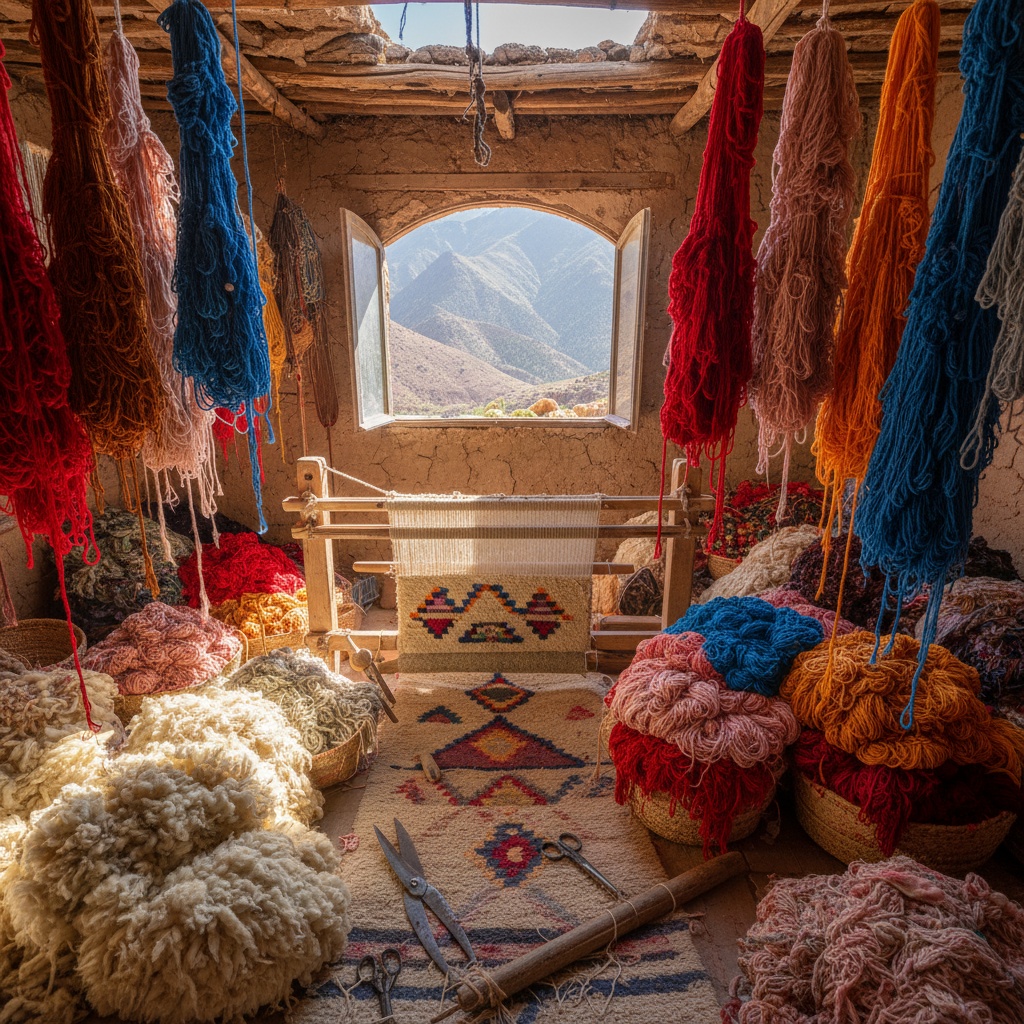 Indoor workshop with hanging colorful yarn, raw wool piles, and a loom with a rug in progress – by rugs on net