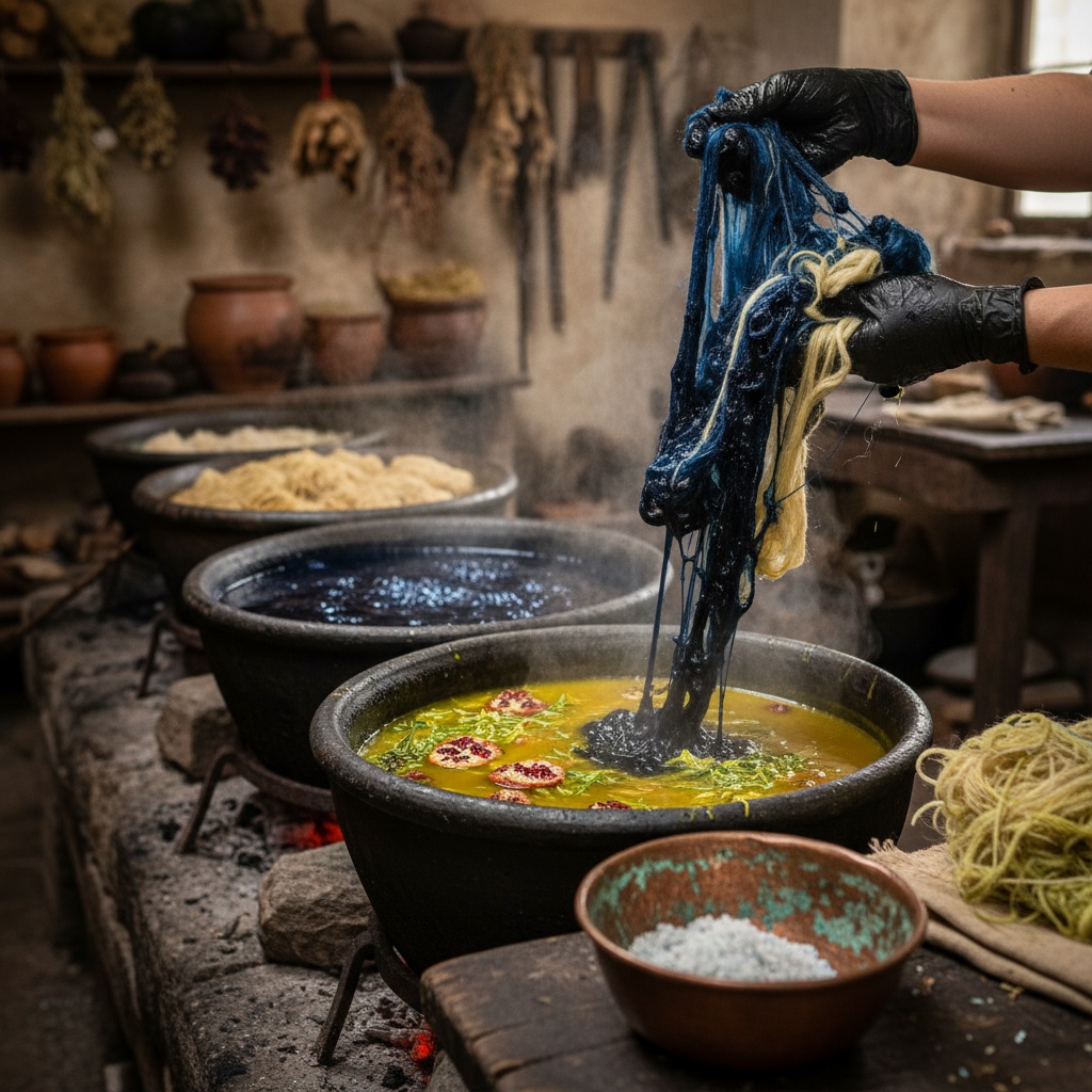 Hands in black gloves dip dark blue yarn into a steaming yellow dye bath with sliced fruit – making green rug colors by rugs on net