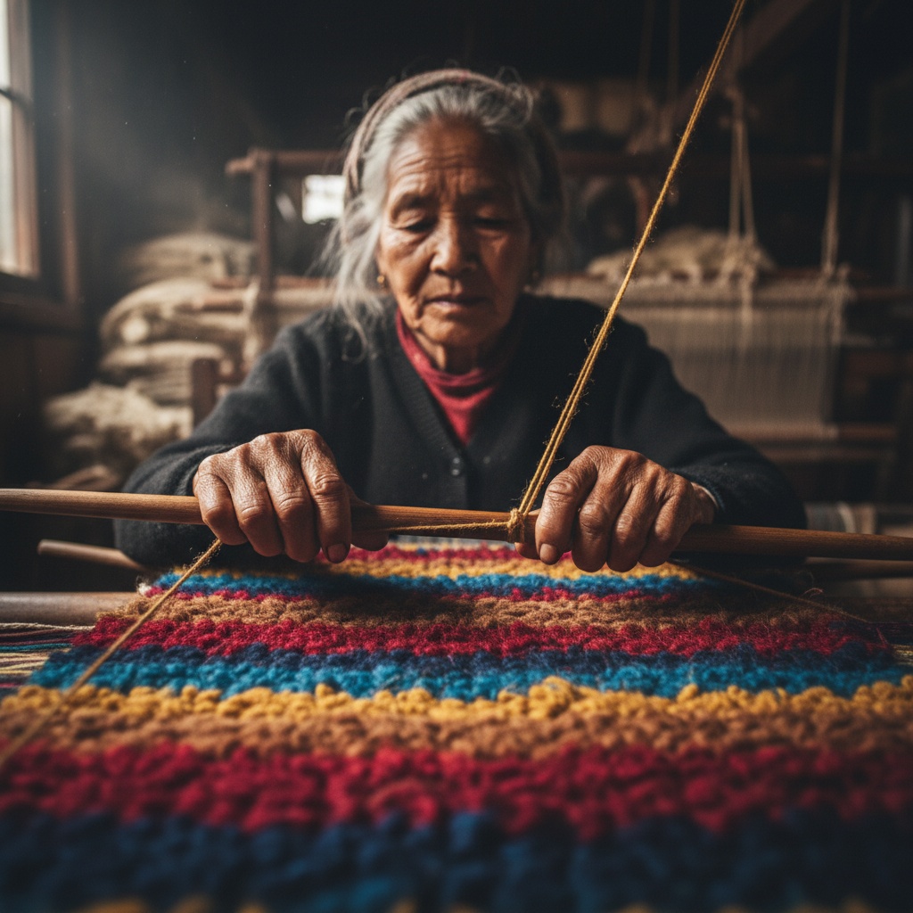 Close-up of an elderly person's hands working threads on a loom with a thick, multicolored woven pattern visible – by rugs on net