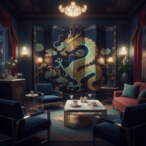 Luxurious dark room featuring a large blue screen with a golden and teal dragon motif – by rugs on net