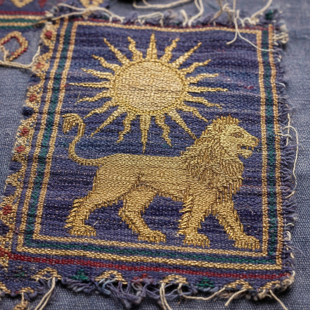 Close-up of a woven textile fragment featuring a golden lion walking beneath a radiant sun on a deep blue background – by rugs on net