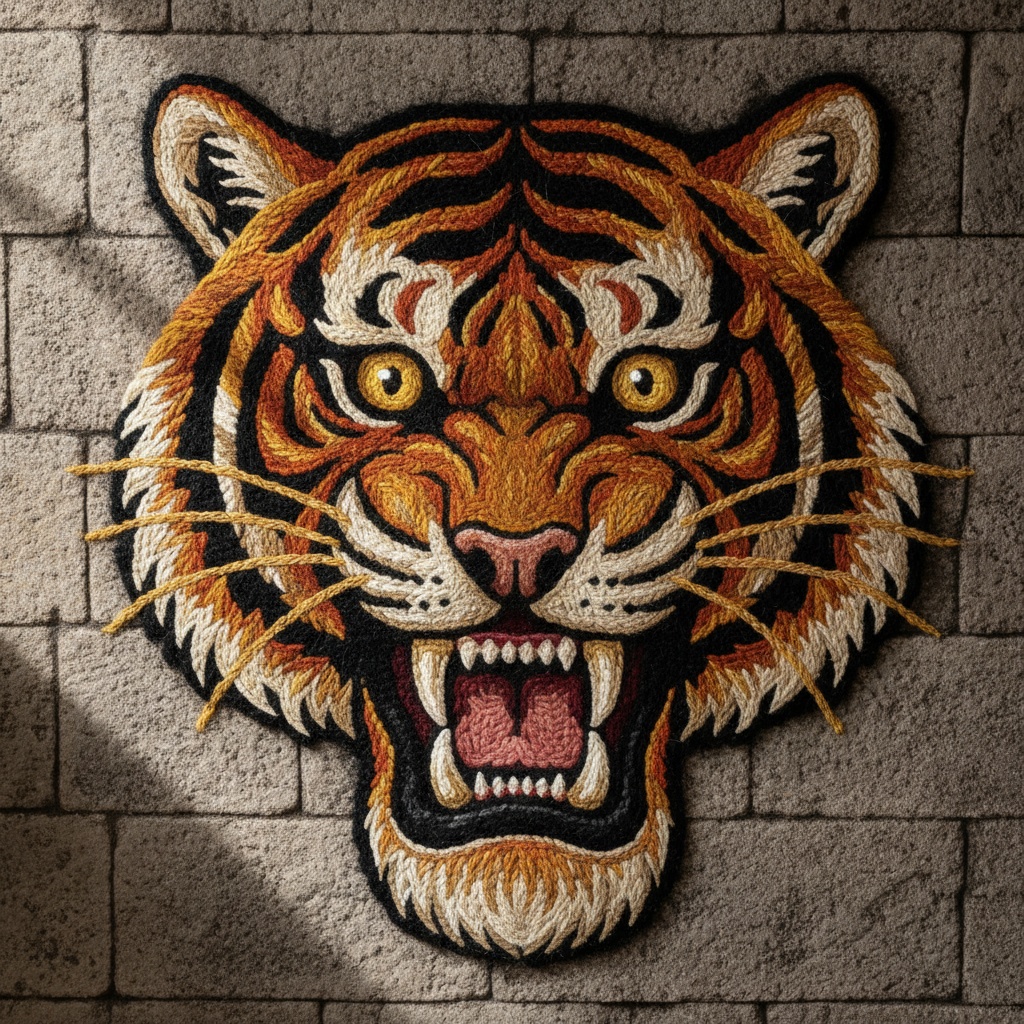 Detailed textile embroidery of a roaring tiger design head on a textured stone brick wall – by rugs on net