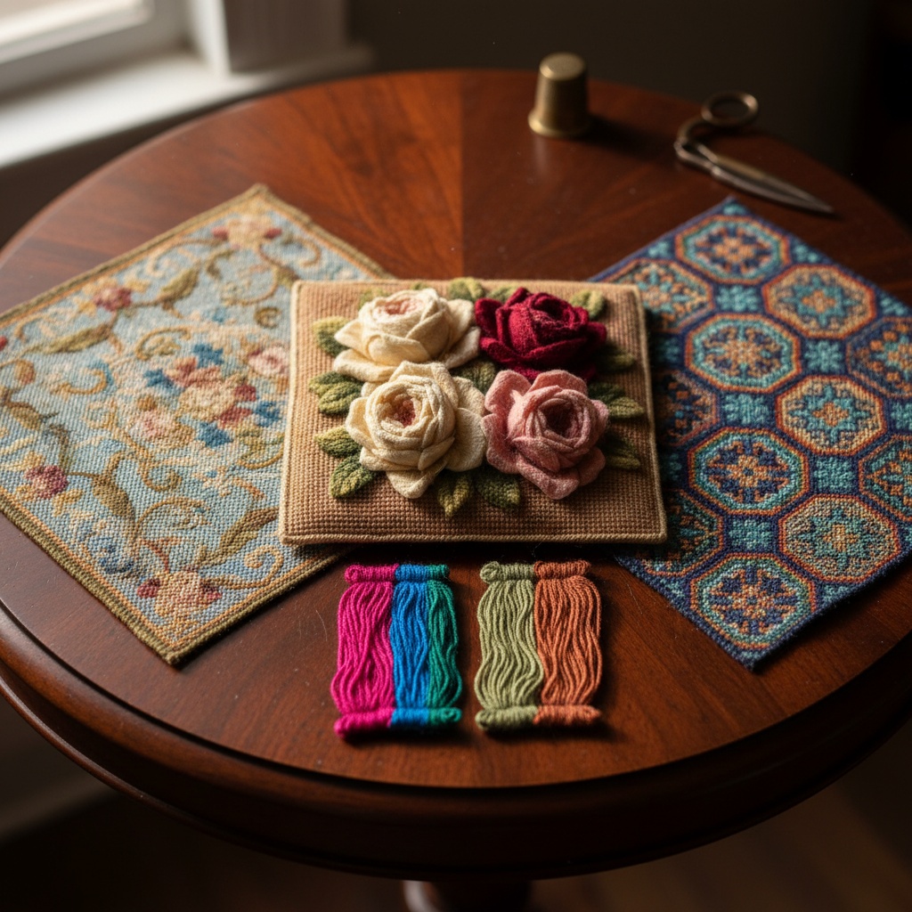 Four dimensional needlepoint roses on canvas next to embroidery floss skeins and woven mats – by rugs on net