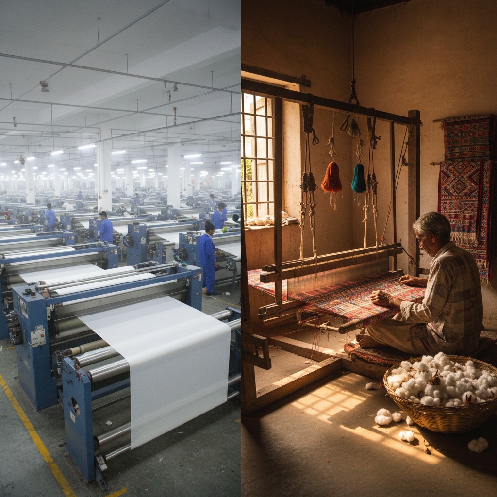 Split image showing a modern textile factory on the left and a person weaving on a wooden loom on the right – by rugs on net