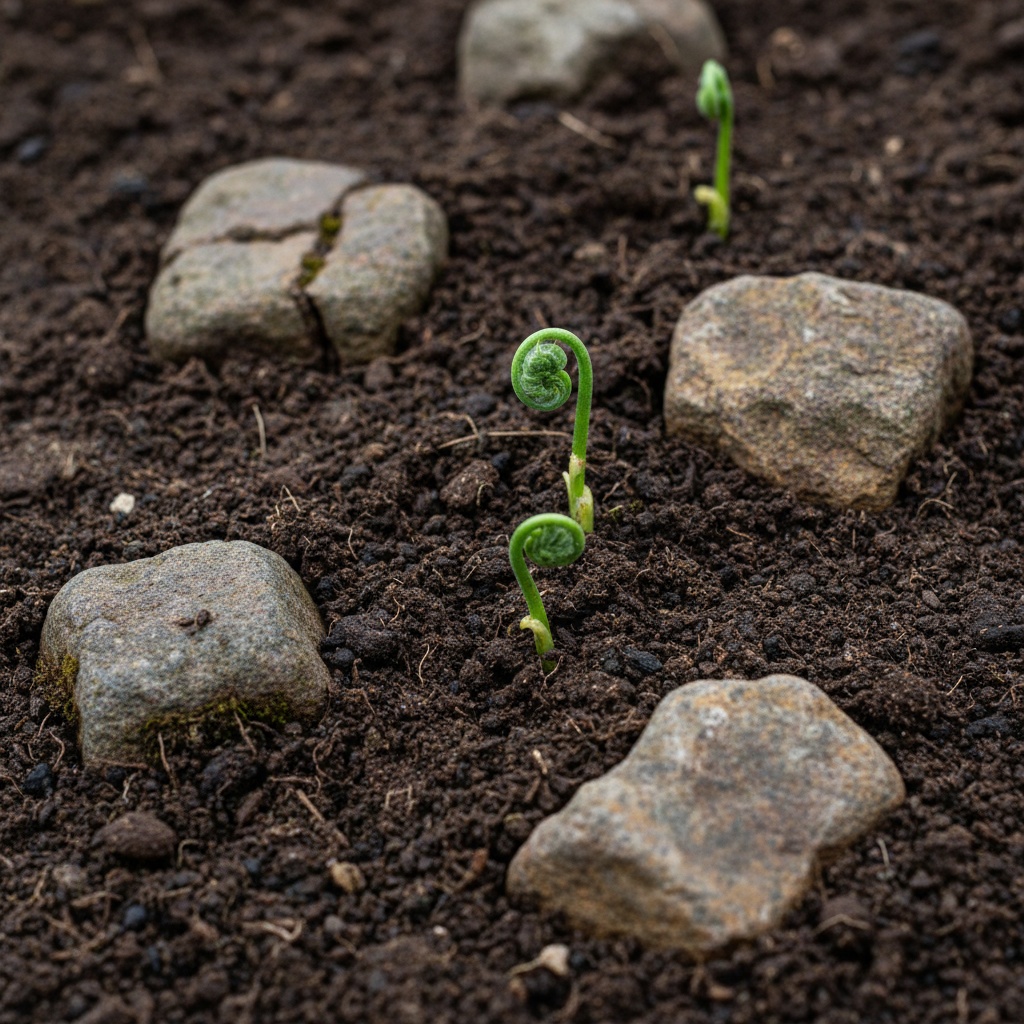 Close-up of bright green fern fiddleheads emerging from dark brown soil surrounded by gray and brown stones – by rugs on net