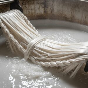 Bundle of white fibers being submerged and processed in a vat of milky, bubbling liquid – by rugs on net