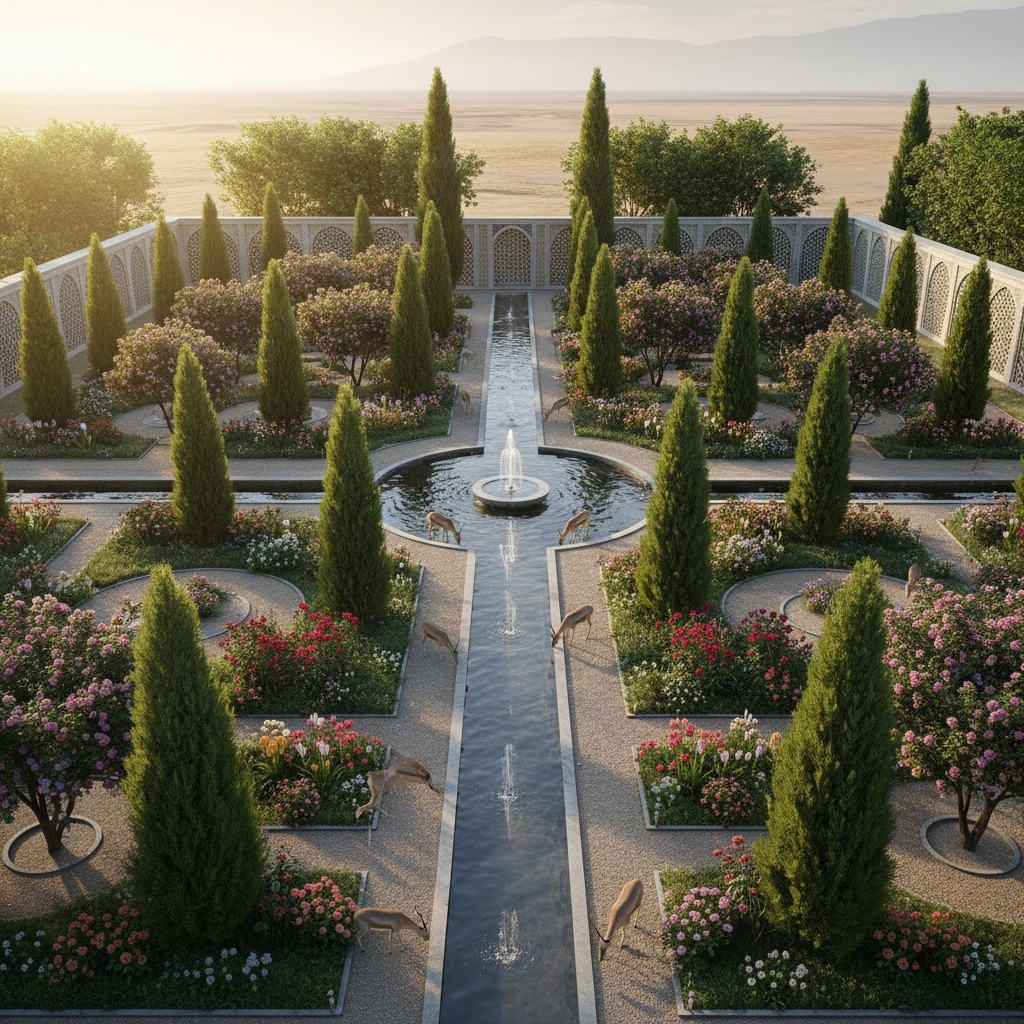 Symmetrical formal garden designs with cypress trees, flowering shrubs, a central fountain, and deer drinking – by rugs on net