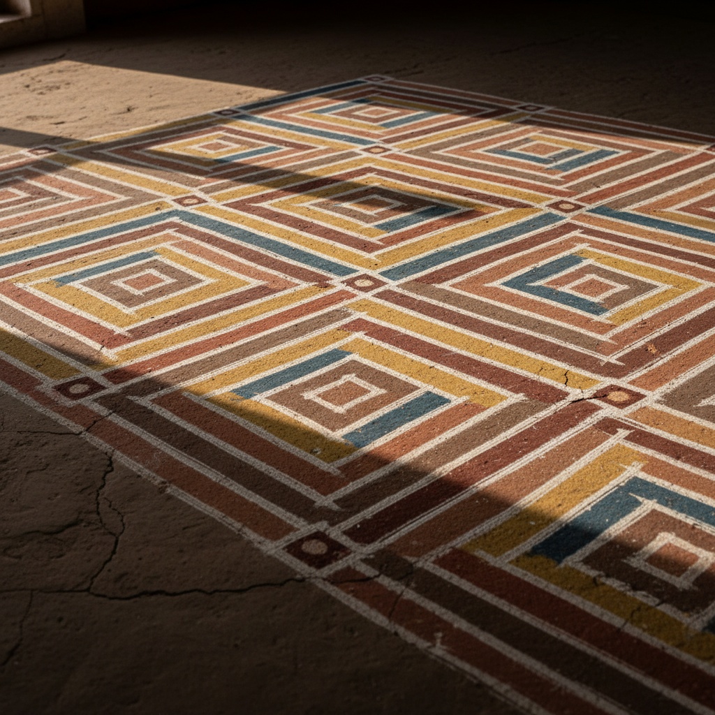 Close-up of a floor with a painted, repeating diamond and square geometric pattern in earthy colors – by rugs on net