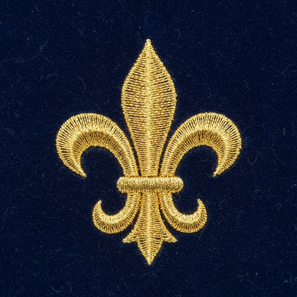 Close-up of gold thread embroidery forming a classic fleur-de-lis symbol on dark blue fabric – by rugs on net