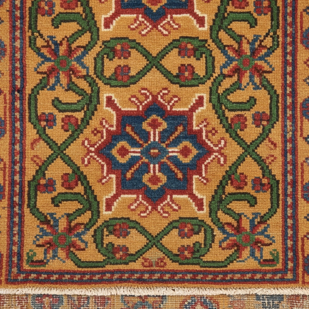 Close-up of a woven rug field featuring a central blue and red medallion on a gold ground with green vines – by rugs on net