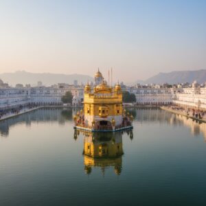 Golden structure centered in a large body of water with white surrounding buildings and distant hills – by rugs on net