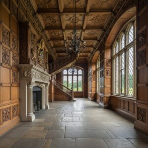 Interior view of a grand hall featuring extensive carved oak paneling, a large stone fireplace, and a stone floor – by rugs on net