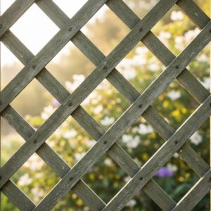 Close-up of weathered green wooden trellis with diagonal lattice pattern against bright, blurred white flowers – by rugs on net