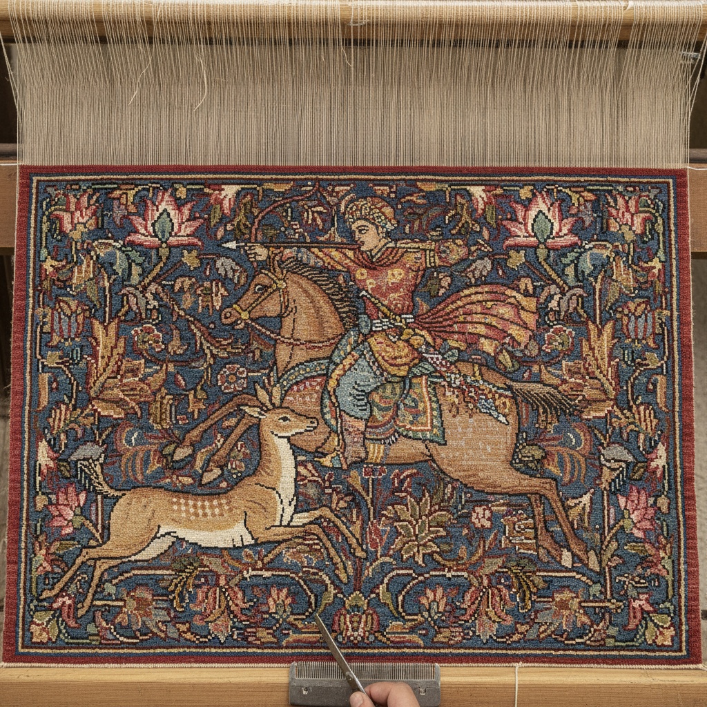 A hand-knotted rug on a loom depicts a mounted hunter aiming a bow at a running deer – by rugs on net