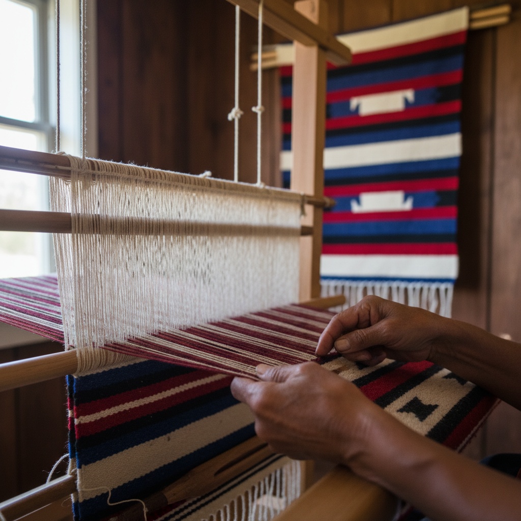 Close-up of hands working a wooden shuttle with colorful yarn through white warp threads on a loom – by rugs on net