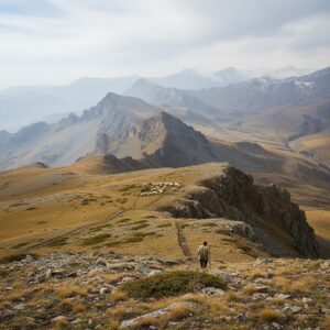 Herder with staff walking on grassy ridge toward flock of sheep with snowy mountains behind – by rugs on net