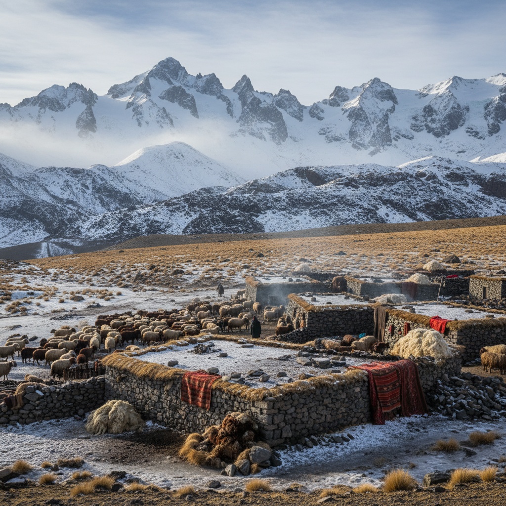 Stone enclosures with sheep, dry grass, and snow at the base of large snowy peaks – by rugs on net