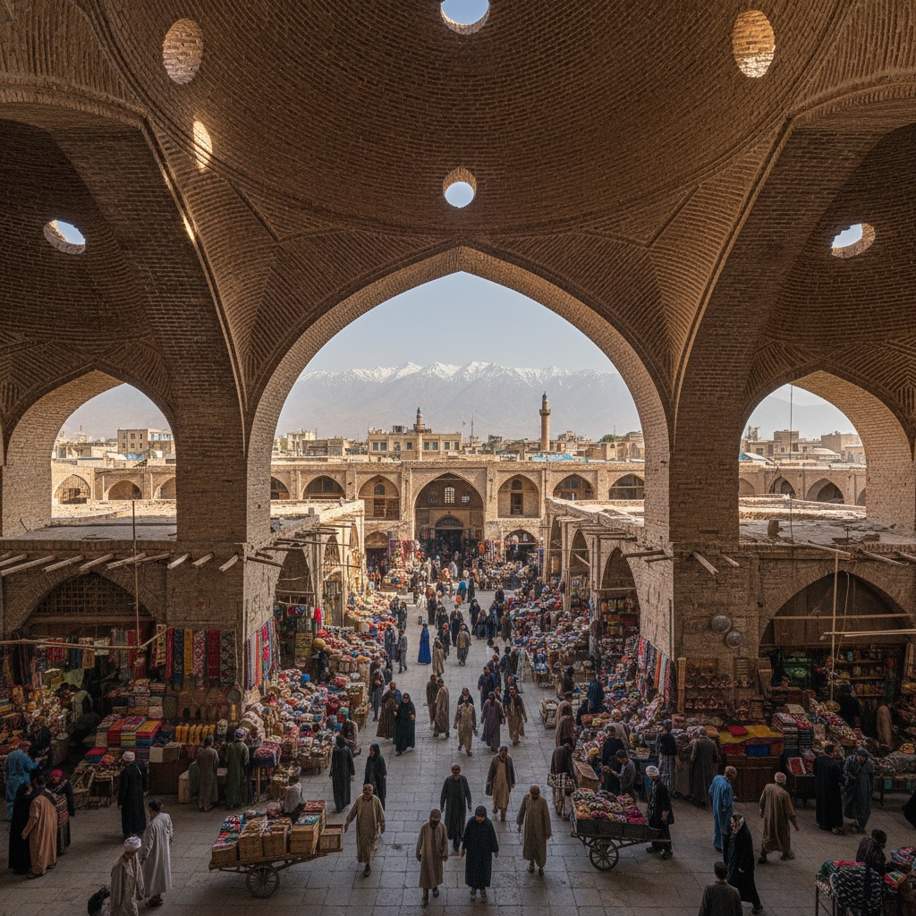 View through a large brick archway onto a crowded outdoor market square with distant snow-capped mountains – by rugs on net