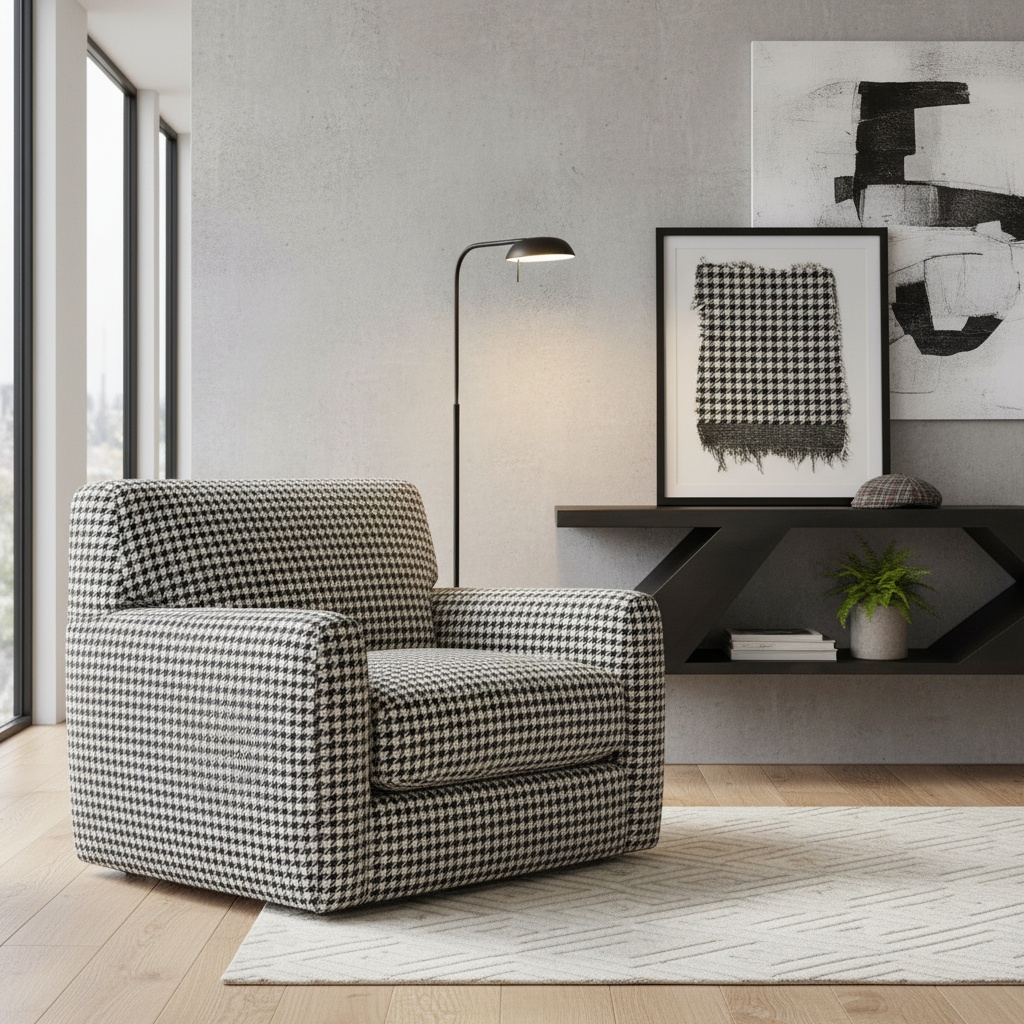 A living space featuring a houndstooth patterned armchair next to a black console table – by rugs on net