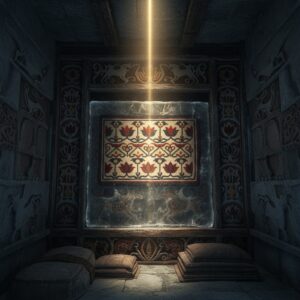 A richly patterned textile featuring red and blue stylized floral motifs illuminated by a bright light beam, displayed in an ornate, dimly lit stone chamber with stacked floor cushions – by rugs on net