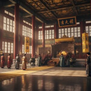 Interior of a grand hall with high ceilings, ornate carvings, and figures standing before a throne – by rugs on net