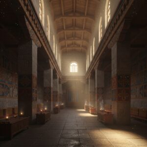 Stone pillar interior hall with wooden ceiling, arched windows, and light beams on floor – by rugs on net