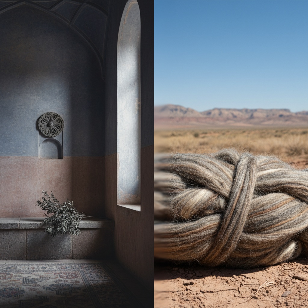 Split image showing a dimly lit architectural interior next to a thick skein of gray and tan fiber outdoors – by rugs on net